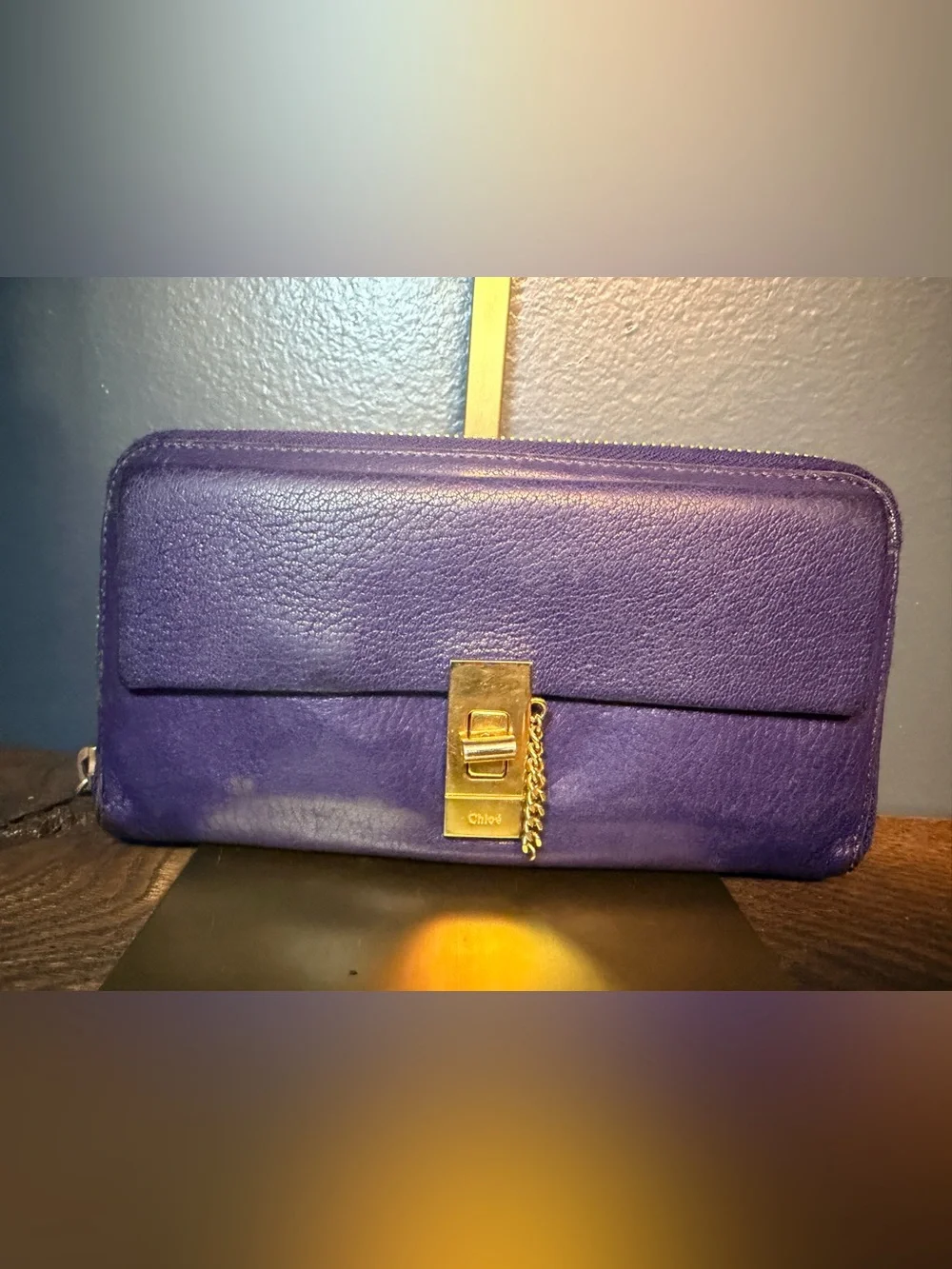 Chloe Purple Drew Leather Wallet with Gold Chain Accent